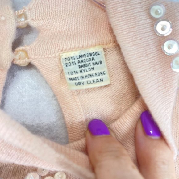 Vintage HORCHOW Womens M Pink Sequined Heart Wool Angora Puff Sleeve Sweater - Picture 11 of 14